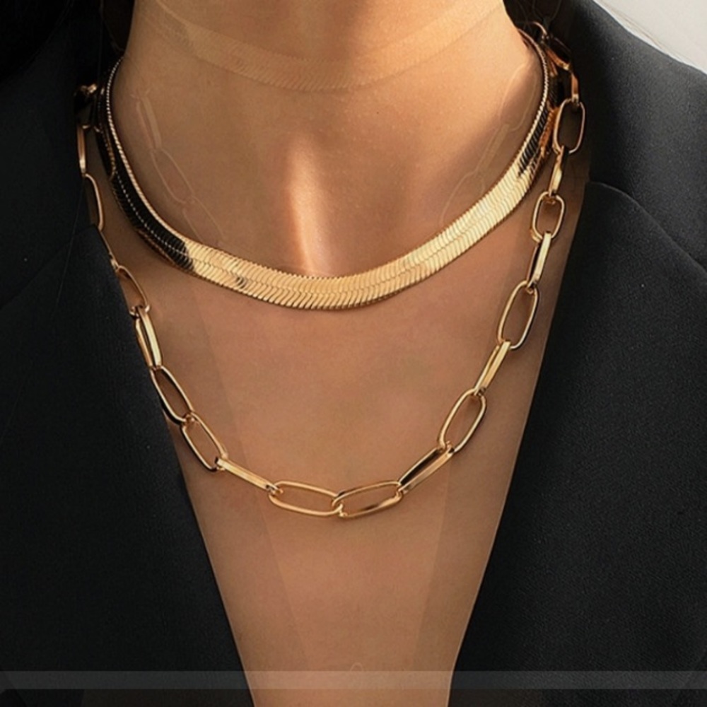 18k Layered Snake Bone Chain Link Necklace Set